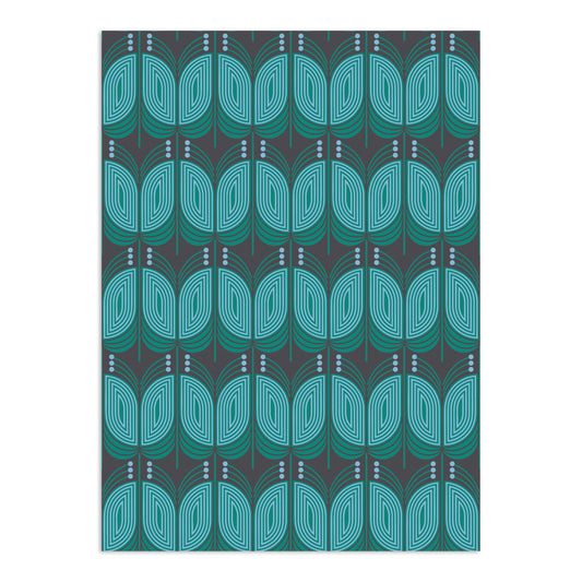 Teal and light blue geometric patterned wallpaper by Clay Imports, featuring stylized vertical leaf motifs on a dark gray background.