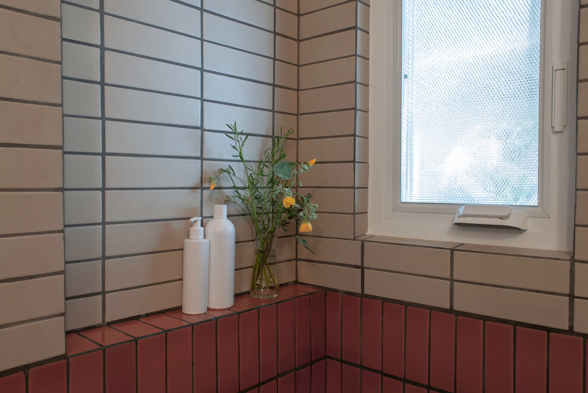 Beige 2x8 rectangular clay tiles by Clay Imports, laid horizontally on a wall with dark grout.