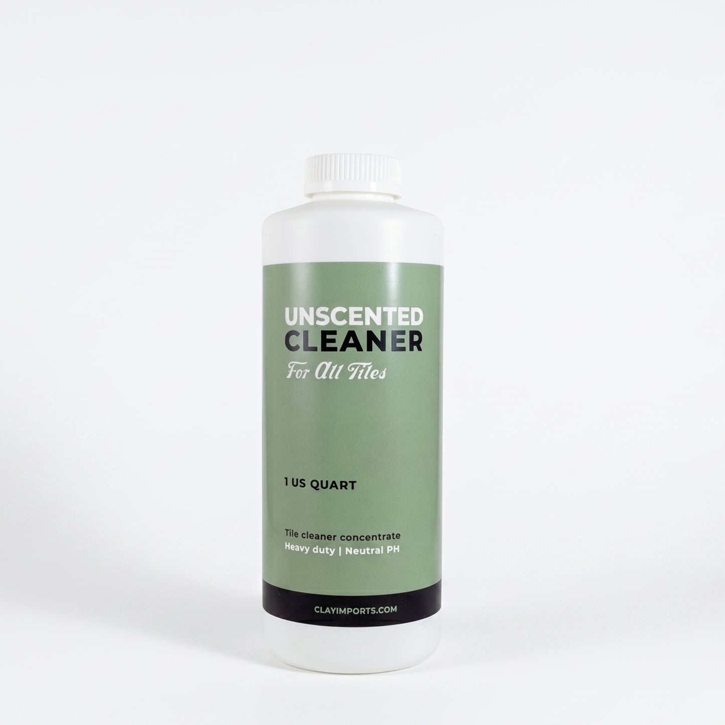 White unscented cleaner concentrate by Clay Imports in a bottle with a green and black label, displaying "1 US QUART".