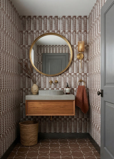 Saddle brown Star & Cross clay tiles by Clay Imports, forming a geometric pattern on a bathroom floor.