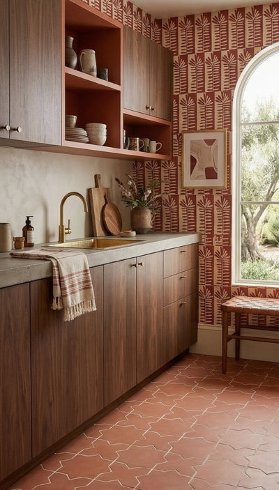 Terracotta star and cross solid tiles from Clay Imports, with white grout on a rustic kitchen floor.