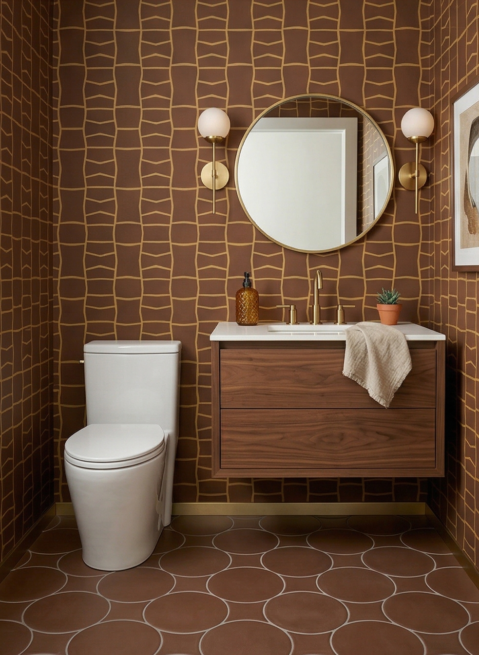Brown Rombo and Circle solid tiles by Clay Imports covering walls and floor in a modern bathroom.