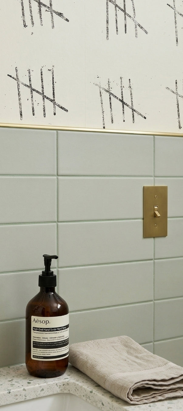 Light green matte rectangular solid tile by Clay Imports in a subway pattern on a bathroom wall.