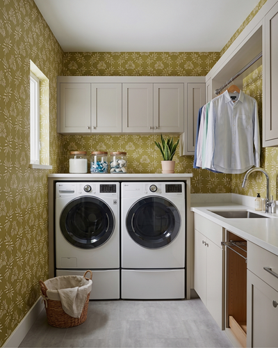 A bright, modern laundry room featuring a white front-load washer and dryer set against olive green patterned wallpaper. White cabinets, a white countertop with a sink, and a hanging rack with clothes are visible, along with a basket on the floor.