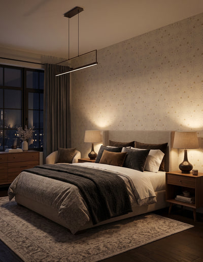 A modern bedroom interior with a neatly made bed, patterned wallpaper, bedside tables and lamps, a hanging light fixture, and a large window showing a nighttime city view.