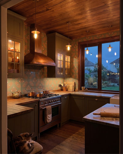 A cozy rustic kitchen interior with dark green cabinets, a copper range hood, patterned wallpaper, pendant lights, and a large window looking out onto a backyard at dusk. A cat is visible on a chair in the lower left corner.