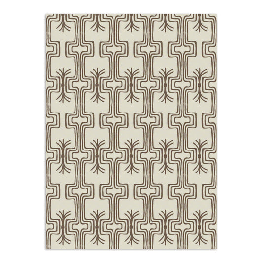Cream wallpaper by Clay Imports featuring a repeating dark brown abstract geometric pattern with stylized tree motifs.
