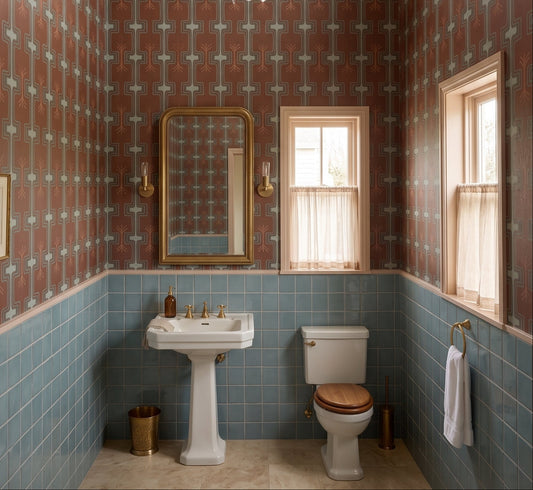 A vintage-style bathroom interior featuring patterned terracotta wallpaper, blue tile wainscoting, a white pedestal sink, a toilet with a wooden seat, and two windows with sheer curtains.