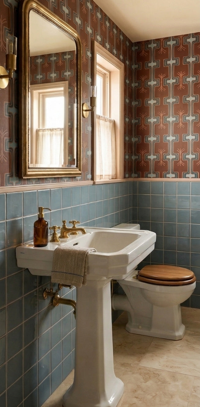 Blue-green glossy 4x4 solid tile by Clay Imports installed on bathroom walls below patterned wallpaper.