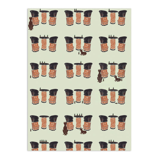 A light green wallpaper by Clay Imports featuring a repeating pattern of brown dogs, bar stools, and tables with bottles in an illustrative style.