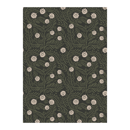 Dark charcoal green wallpaper by Clay Imports featuring a repeating pattern of light beige daisy flowers and olive green foliage.