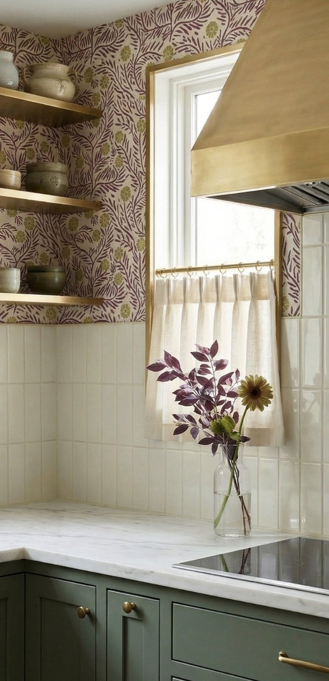 Light creamy beige Concha 2x6 Solid Tile by Clay Imports, installed vertically as a kitchen backsplash.