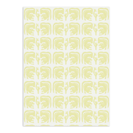 Light yellow patterned wallpaper by Clay Imports featuring stylized roaring tigers and plant motifs on an off-white background.