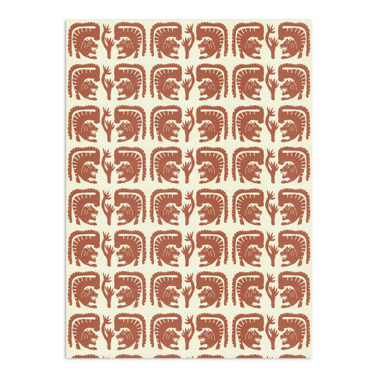 Off-white wallpaper by Clay Imports with a repeating terracotta folk art tiger and abstract plant pattern.