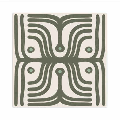 Light beige Pattern Tile by Clay Imports with olive green abstract, symmetrical, organic lines and small green dots.