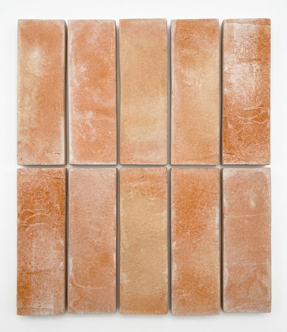 Carmela Matte Terracotta 2x6 tile bundle by Clay Imports, showing ten rustic rectangular tiles with varying earthy tones.