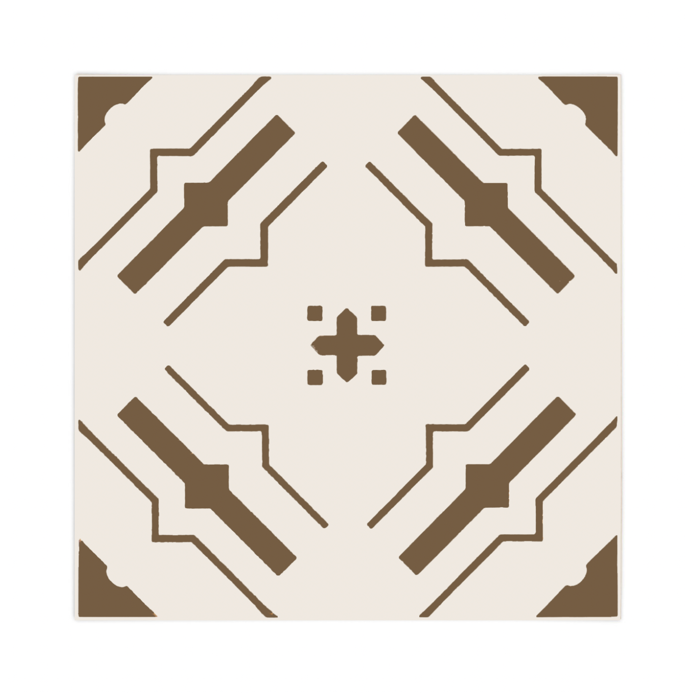 Square 8x8 tile sample by Clay Imports with a symmetric dark brown geometric pattern on a cream background.