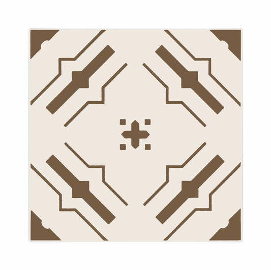 Square 8x8 tile sample by Clay Imports with a symmetric dark brown geometric pattern on a cream background.