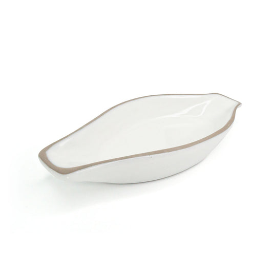 White boat-shaped ceviche dish by Clay Imports with a natural brown rim, shown at an angle.