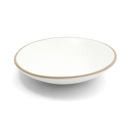 White entree bowl by Clay Imports with a light brown rim, angled view.