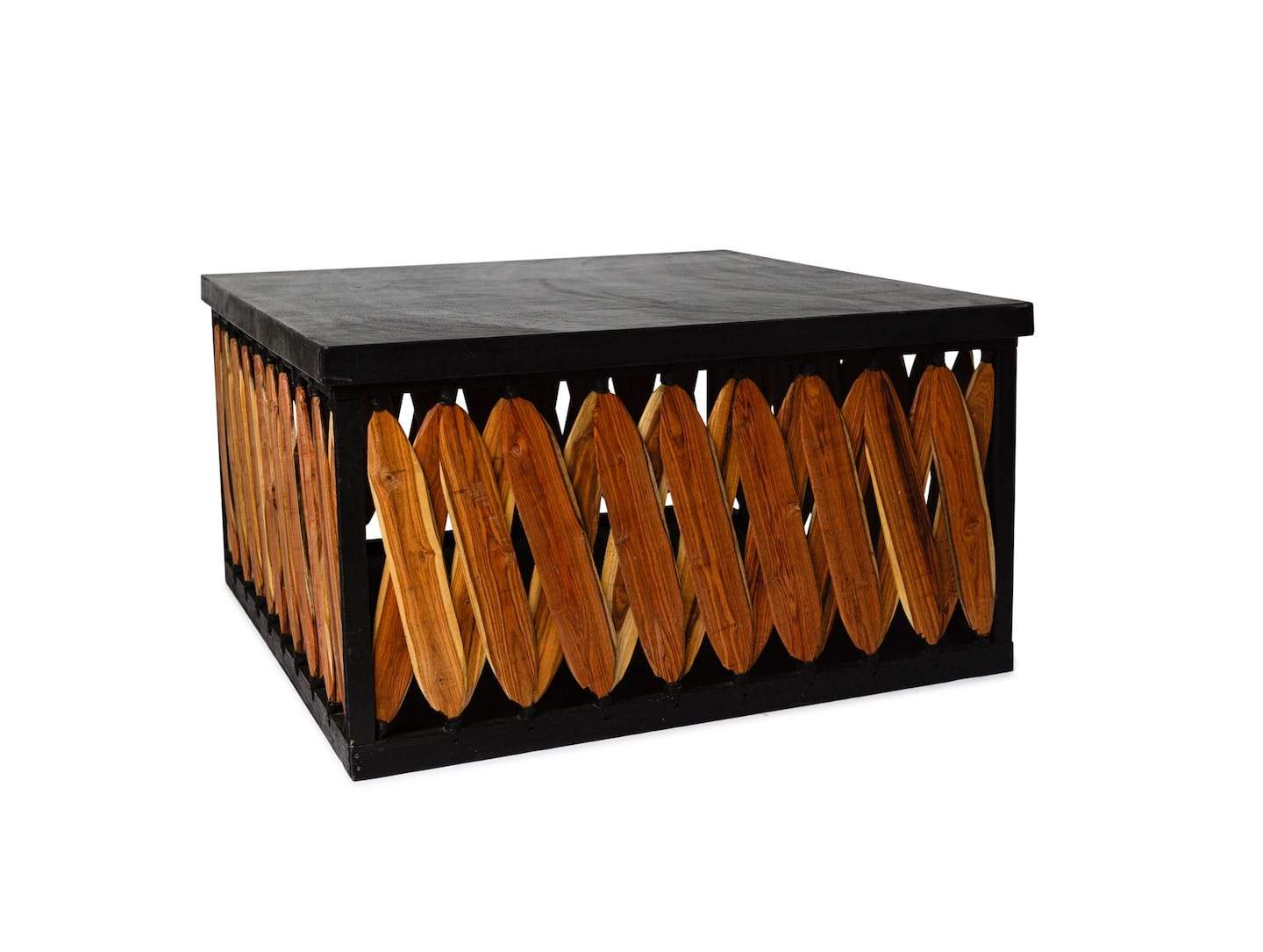 Square coffee table with black top and natural wood slat sides by Clay Imports, featuring a wavy, open-weave pattern.