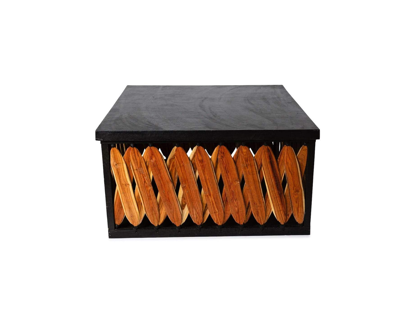 Black square box coffee table by Clay Imports with natural wood slatted sides, front view.