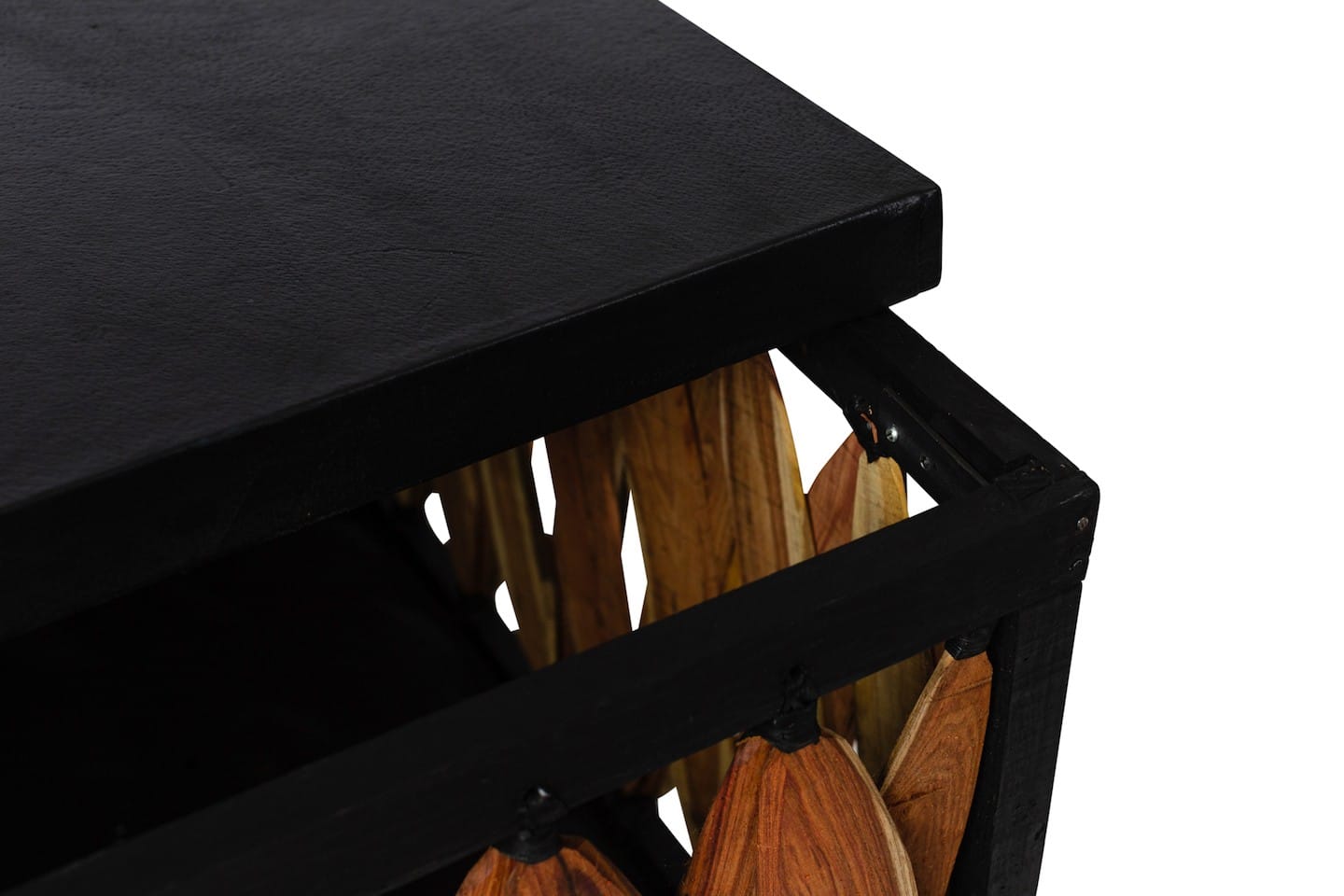 Black Square Box Coffee Table by Clay Imports with natural wood-colored decorative panels.