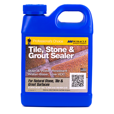 Blue Tile, Stone & Grout Sealer bottle by Clay Imports with a handle, screw cap, and a label showing water beading on stone.